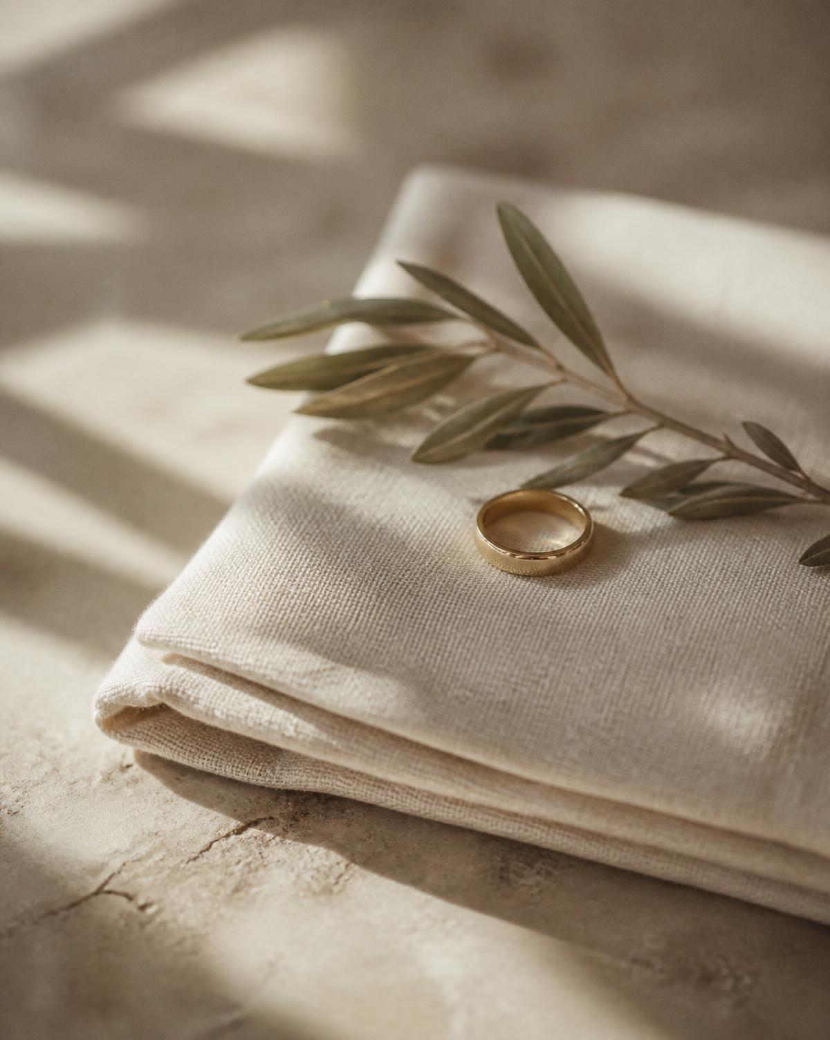 A gold wedding band resting on folded ivory linen beside an olive sprig